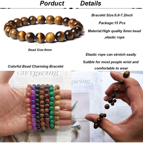 15 Pcs Multi-Color Semi-Precious Gemstone Beaded Bracelets for Women and Men - Picture 3 of 7